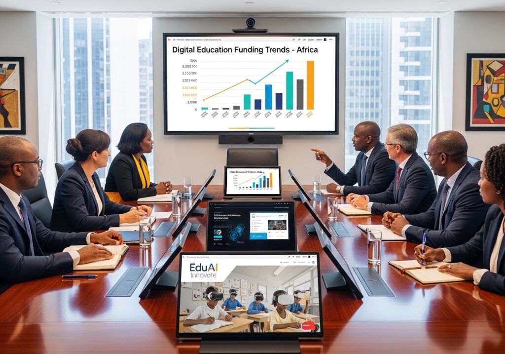Investors and policymakers discussing digital education investment around a conference table, funding charts and AI-driven education platforms visible on screens
