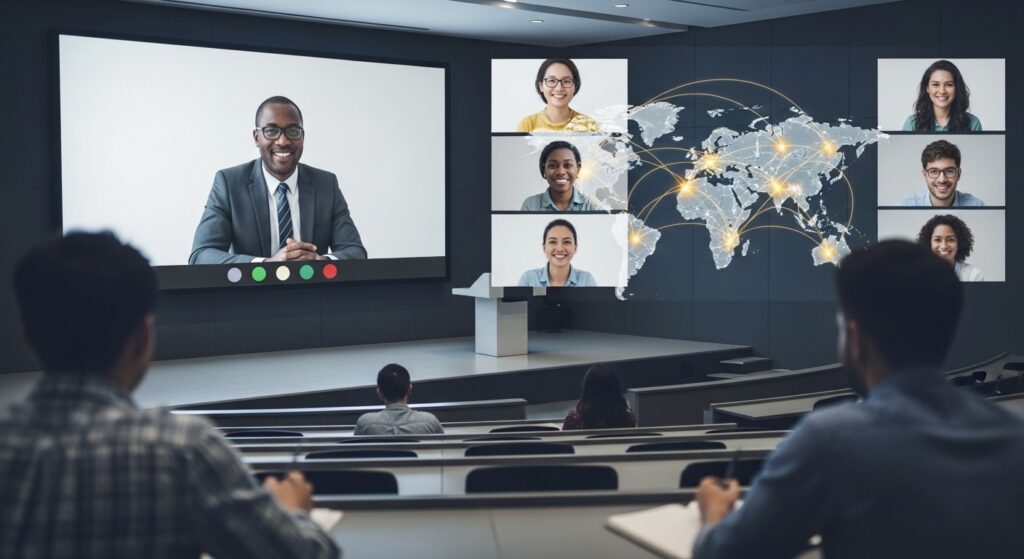 University delivering online classes to students across multiple countries, world map overlay connecting learners virtually, diverse international students visible on video call screens showing cross-border online education