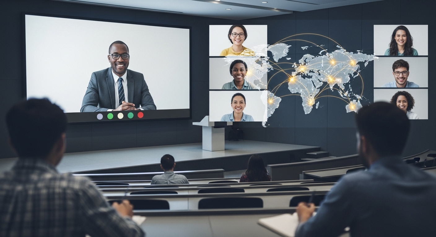 University delivering online classes to students across multiple countries, world map overlay connecting learners virtually, diverse international students visible on video call screens showing cross-border online education