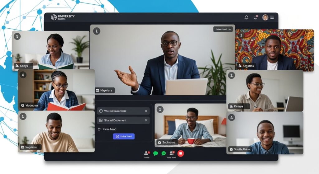 International students attending a virtual lecture from different time zones, global digital learning interface visible, institution operating beyond physical borders showing cross-border online education