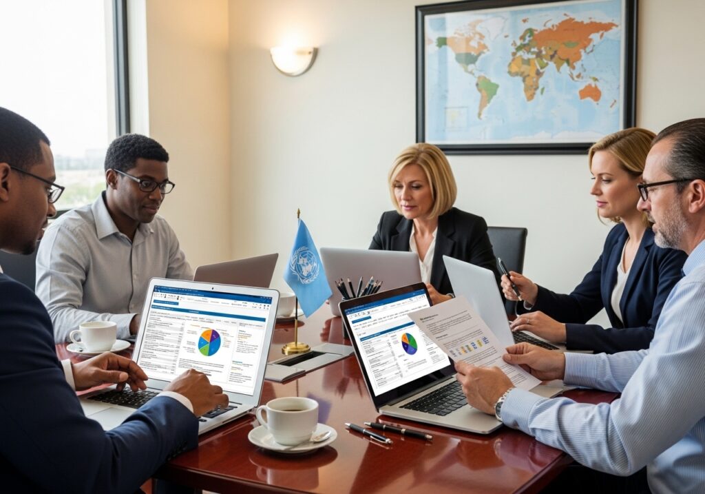 University administrators reviewing international compliance documents and accreditation guidelines on laptops, flags or country references subtly visible