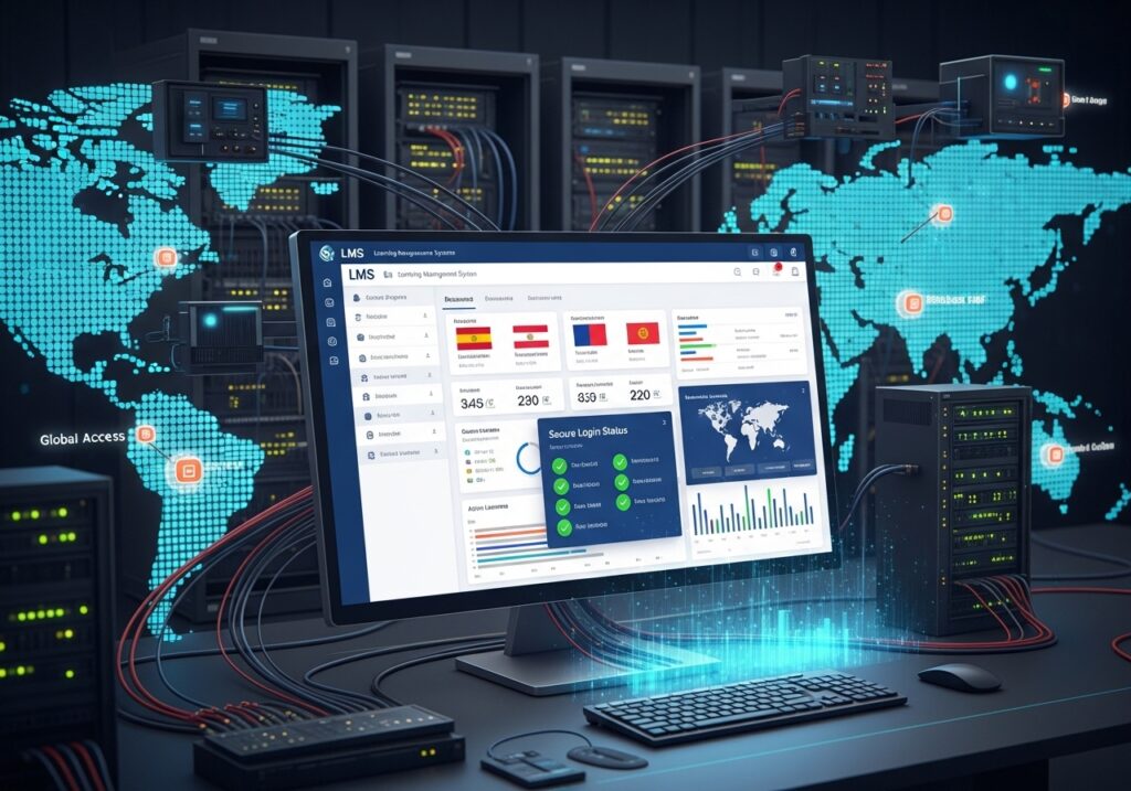 Scalable LMS dashboard supporting multilingual content, secure login systems, and global access points shown on screen