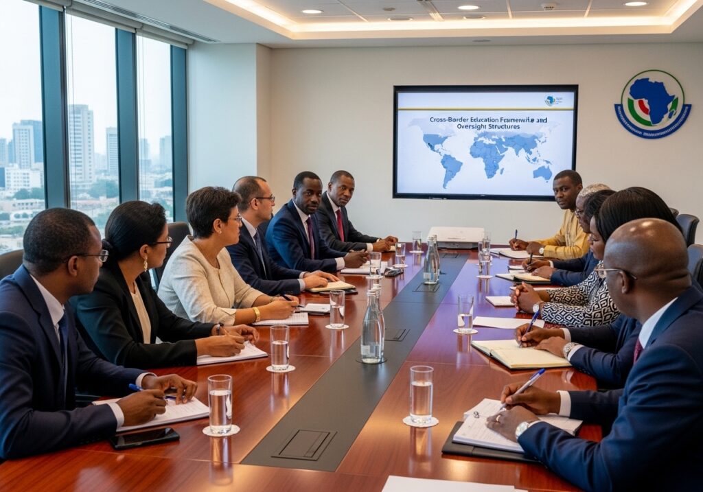 Education policymakers and institutional leaders in a formal meeting discussing cross-border frameworks and oversight structures