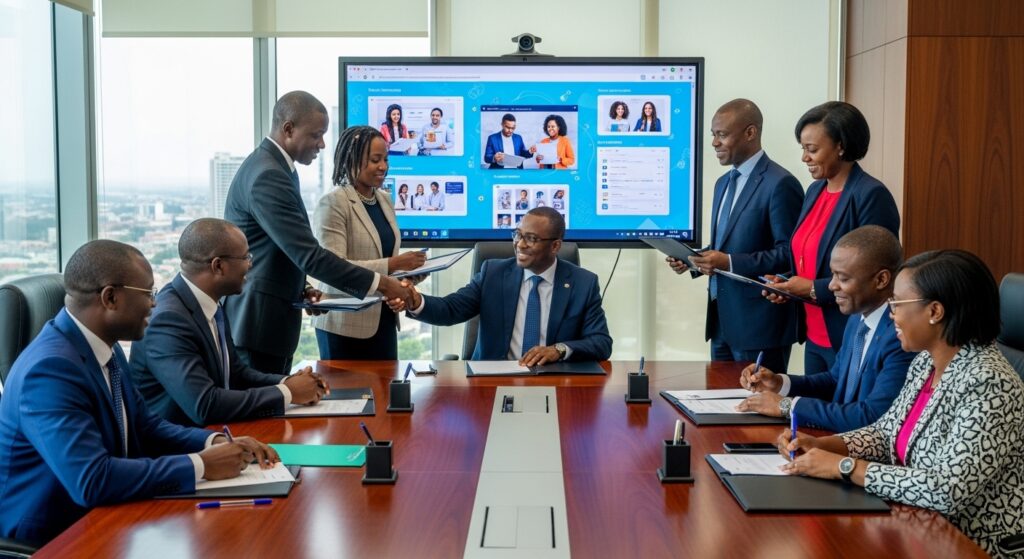 Government officials and private sector executives signing an education partnership agreement, digital education platform visuals displayed in the background, collaborative formal setting