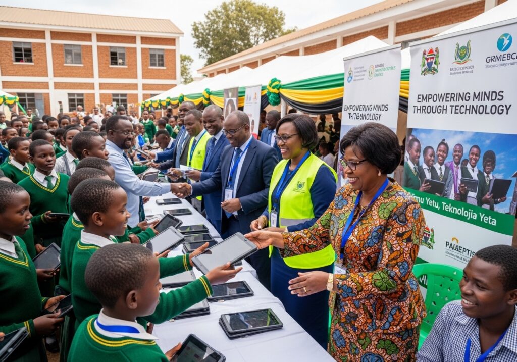 Education technology rollout supported by joint funding, digital devices distributed to students, coordinated government and private involvement