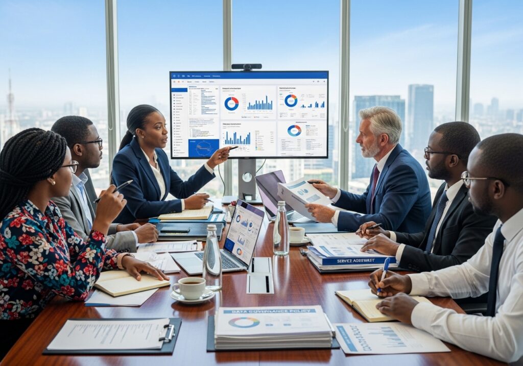 Boardroom discussion addressing accountability, contracts, and data governance concerns, documents and dashboards visible
