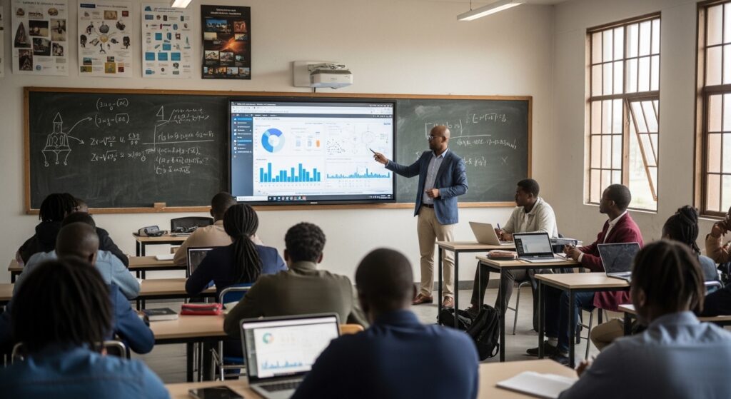 University classroom blending traditional teaching with digital tools, overlay showing mismatch between academic curriculum and workforce digital skills demand