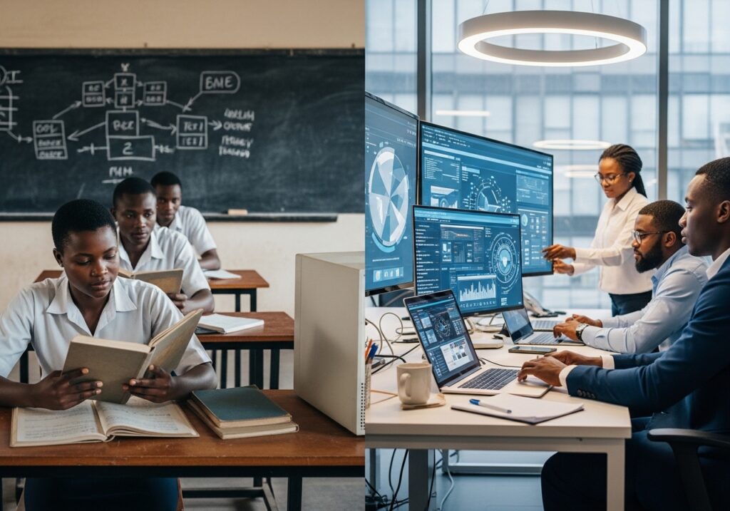 Students learning outdated curriculum while industry professionals work with advanced digital tools, visual contrast highlighting skills mismatch