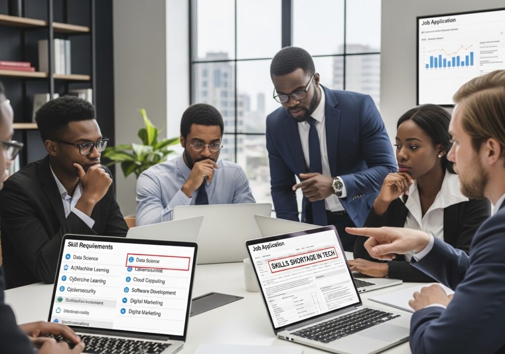 Employers reviewing job applications on laptops, skills requirements listed clearly, focus on technology skills shortage