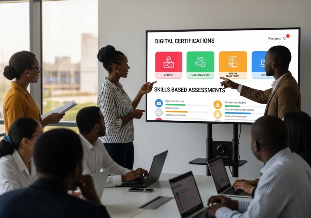 University faculty redesigning curriculum with digital certifications and skills-based assessments visible on screens