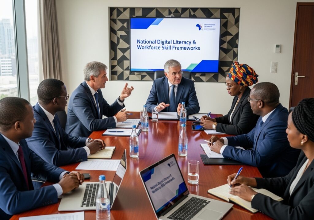 Government and education leaders discussing national digital literacy programs and workforce skill frameworks in a formal policy meeting setting