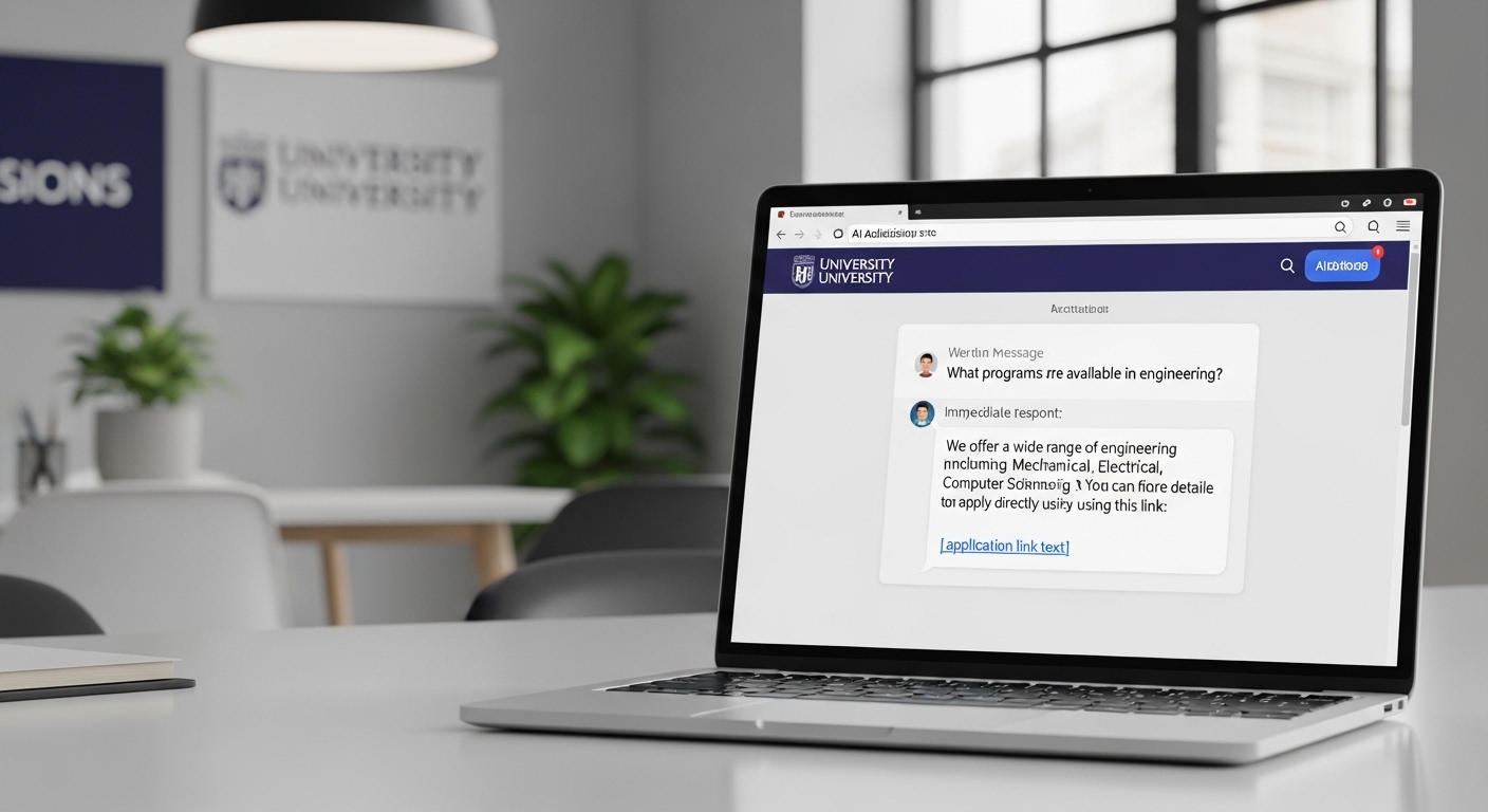 University admissions website open on laptop showing AI chatbot window responding instantly to a prospective student inquiry, message bubbles visible with program details and application link, modern university office background, realistic digital recruitment environment. AI in Student Recruitment