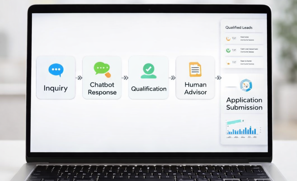 Visual flow diagram displayed on a laptop screen: Inquiry → Chatbot Response → Qualification → Human Advisor → Application Submission, admissions officer monitoring qualified leads dashboard