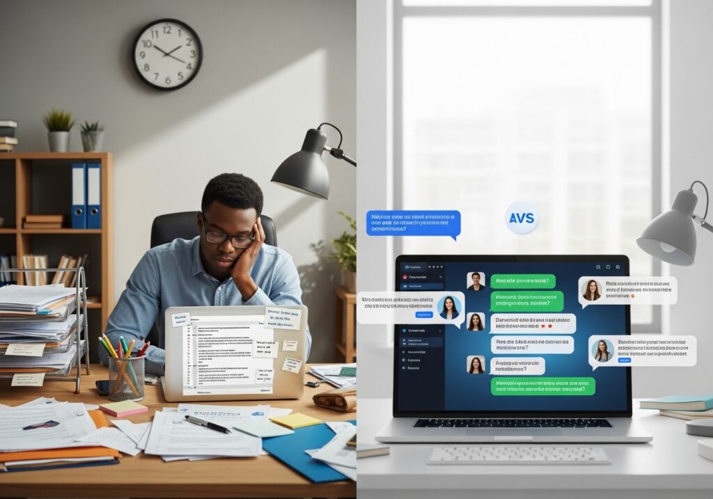 Split scene comparison: Left side – manual admissions desk with emails piling up and office-hours-only support Right side – AI chatbot handling multiple inquiries simultaneously with multi-language replies visible