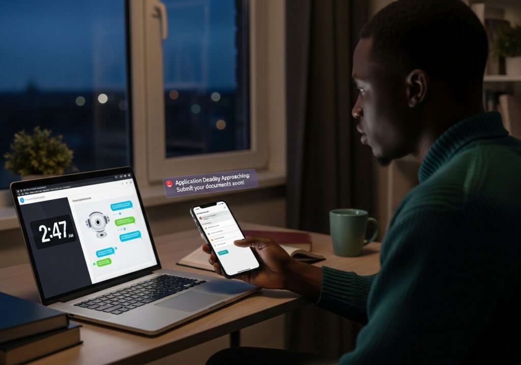 International student interacting with university chatbot at night from different time zone, automated reminder notification about application deadline appearing on phone