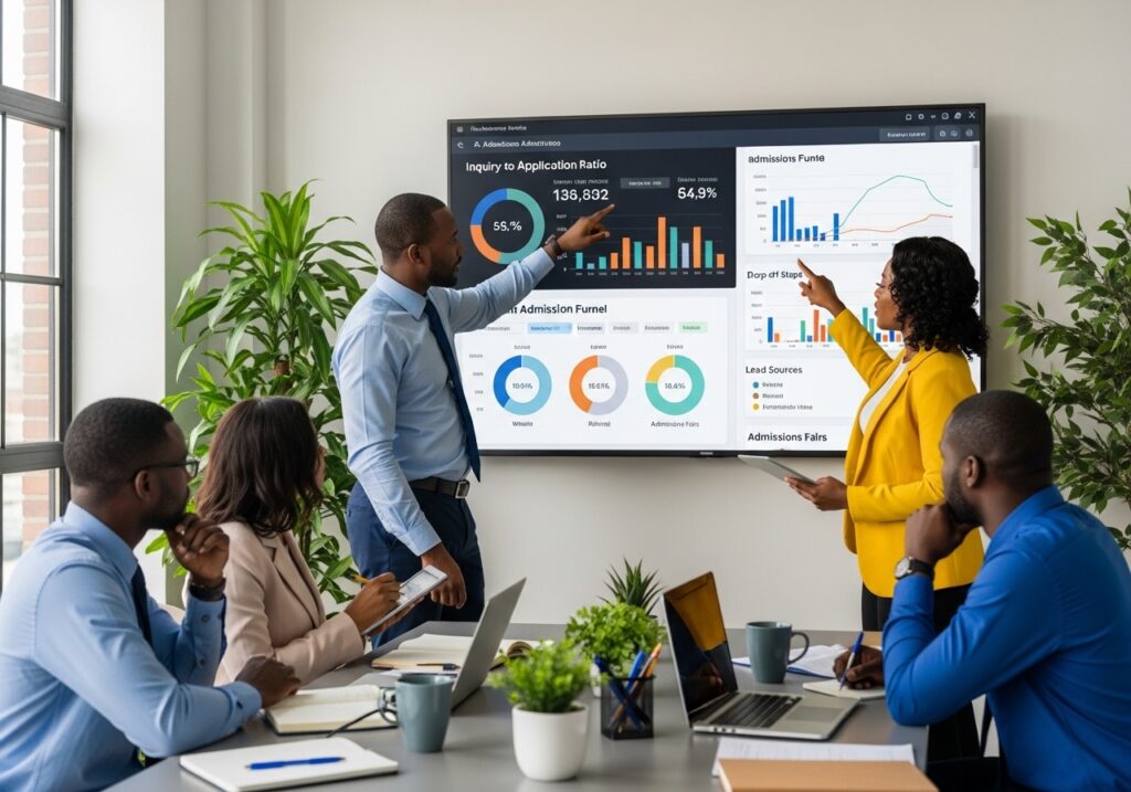 Admissions leadership reviewing analytics dashboard showing inquiry-to-application ratio, drop-off stage breakdown, lead source tracking charts, structured decision-making environment