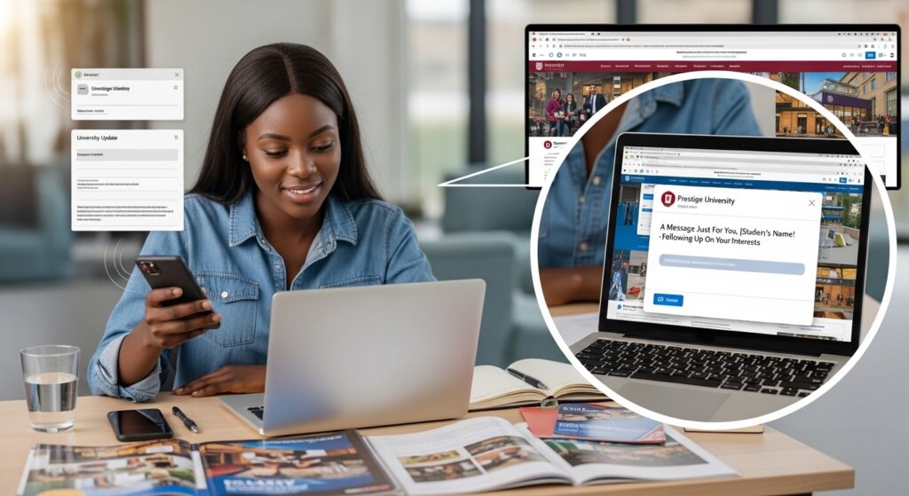 Prospective student browsing multiple university websites on laptop, receiving personalized follow-up email notification from one institution, contrast showing influence of timely communication