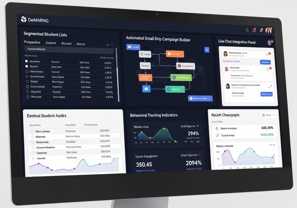 CRM dashboard open on screen showing segmented student lists, automated email drip campaign builder, live chat integration panel, behavioral tracking indicators, showcasing student engagement technology