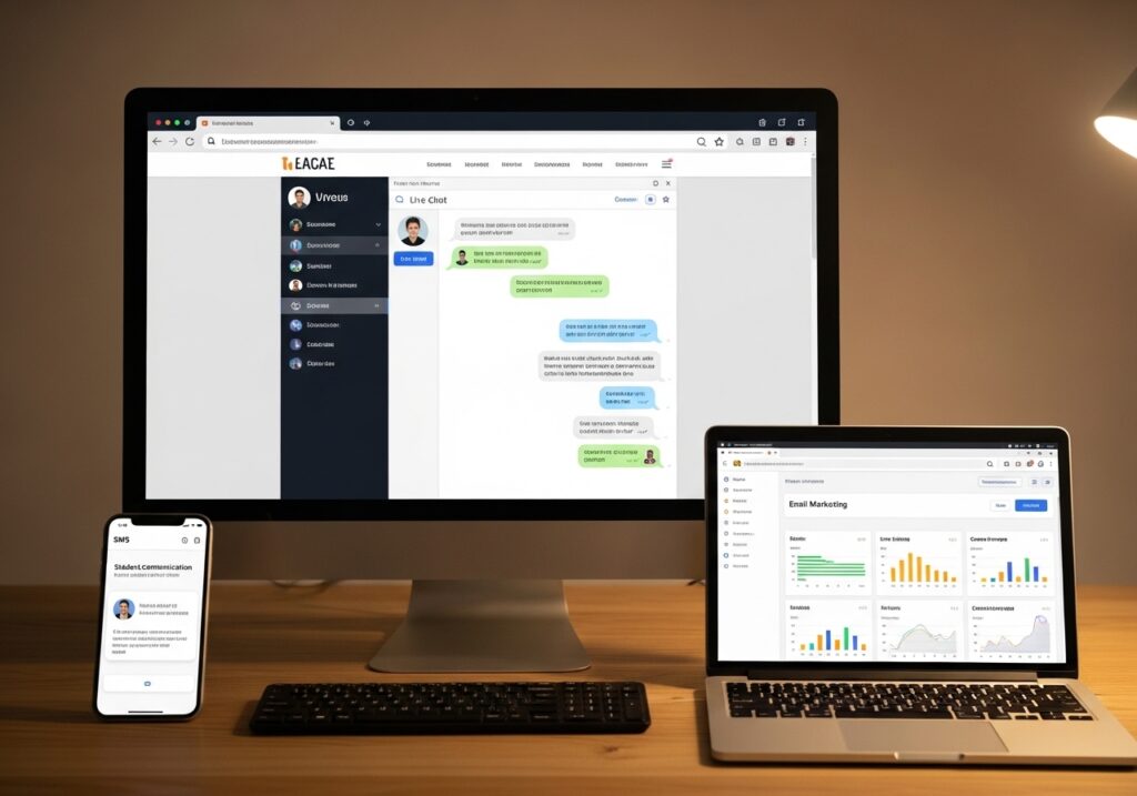 Multi-device setup showing live chat interface on website, SMS notification on phone, email marketing dashboard on laptop, integrated digital student communication system