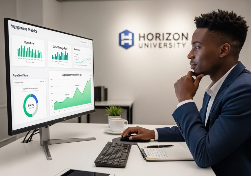 Admissions manager reviewing engagement metrics such as open rate, click-through rate, and application completion rate, upward trend visible on analytics screen