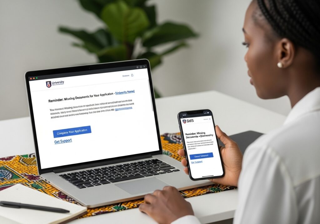 Prospective student receiving automated reminder about missing documents via email and SMS, one-click support link visible, improved digital follow-up experience