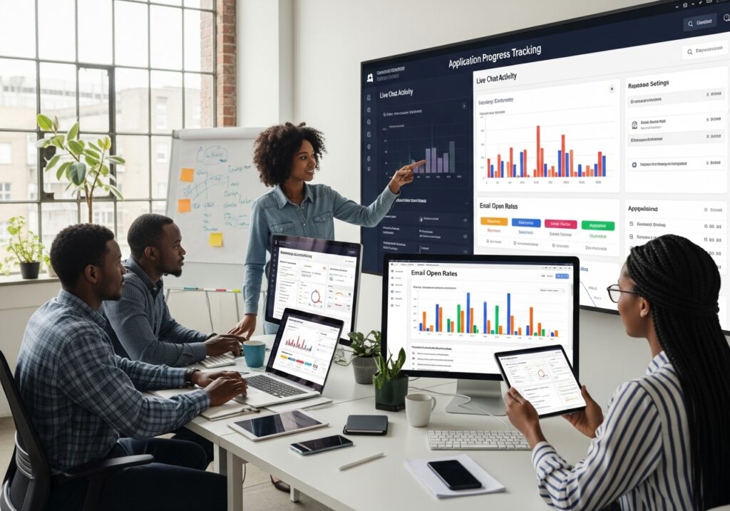 University digital team monitoring student engagement technology platform dashboard showing message automation, live chat activity, email open rates, and application progress tracking, collaborative modern office environment