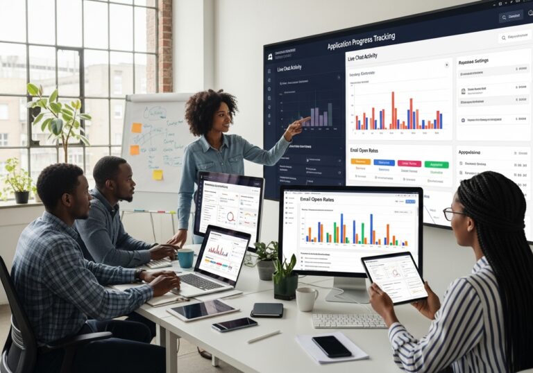 University digital team monitoring student engagement technology platform dashboard showing message automation, live chat activity, email open rates, and application progress tracking, collaborative modern office environment