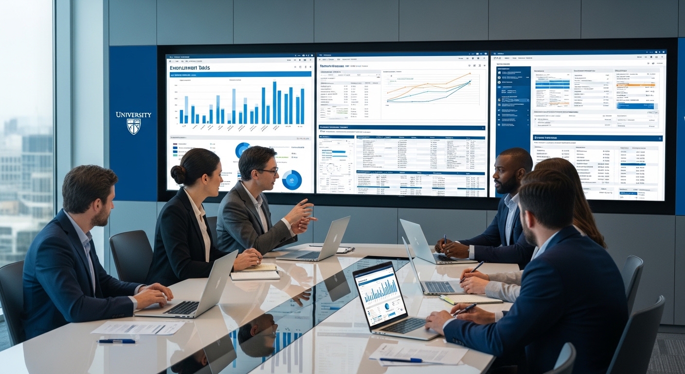 University leadership team sitting in a modern meeting room reviewing data dashboards on large screens, charts showing student data, enrollment analytics, and system reports, laptops open in front of each member, serious discussion about data strategy, professional institutional environment showimg data governance in higher education