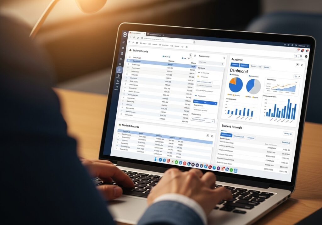 Close-up of a university administrator working on a laptop displaying structured data tables, dashboards, and categorized student records, showing organized and controlled data environment showimg data governance in higher education