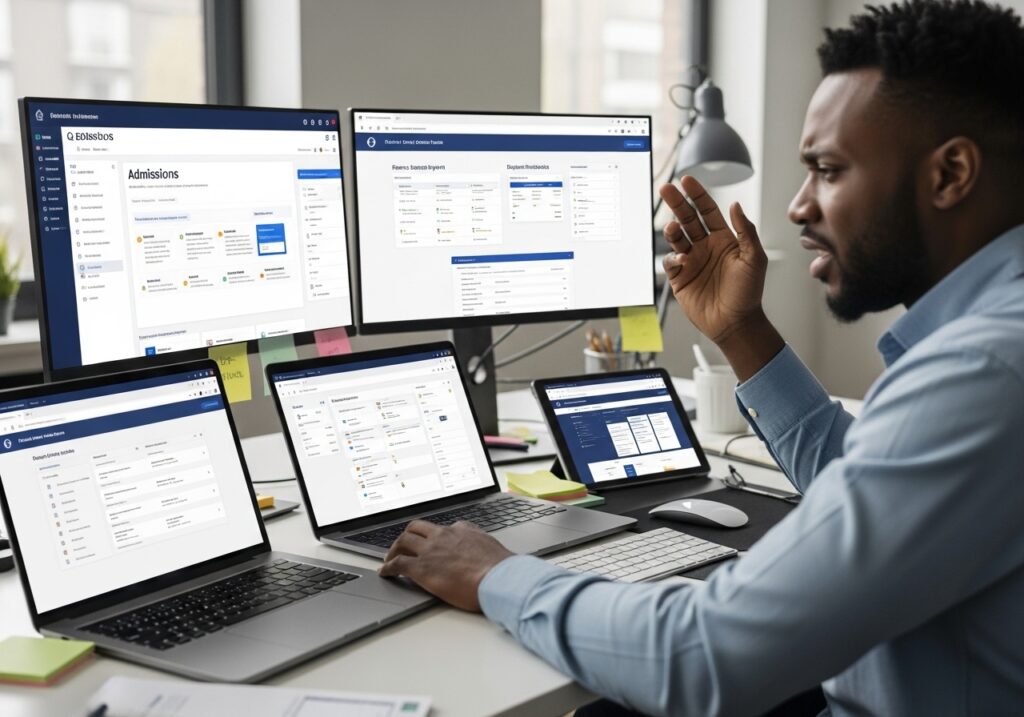 Multiple screens showing different systems like admissions, finance, and student records not connected with each other, administrator looking confused while switching between tabs, highlighting lack of integration showimg data governance in higher education