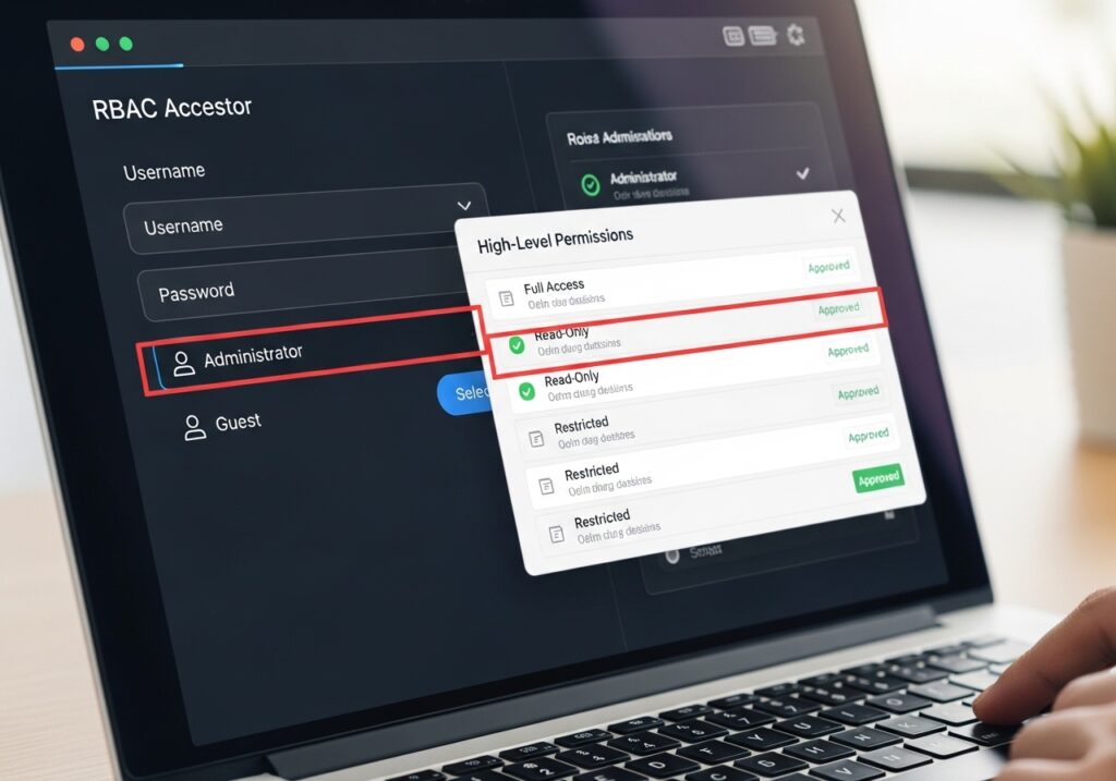 Secure login interface on laptop with role-based access system visible, administrator verifying permissions, highlighting controlled data access and privacy protection. showimg data governance in higher education