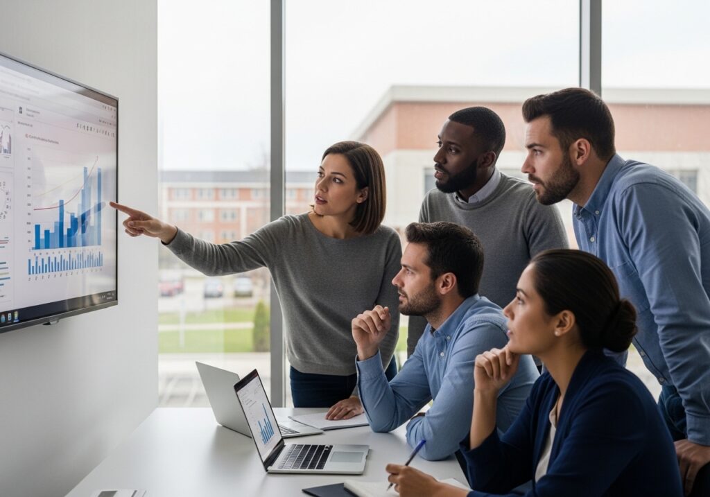 University team reviewing clean and accurate reports on dashboards, confident decision-making moment, clear visual insights into institutional performance. howimg data governance in higher education