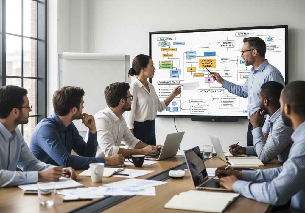 Strategic planning session with team analyzing current systems and mapping out governance policies on a digital whiteboard or presentation screen showimg data governance in higher education