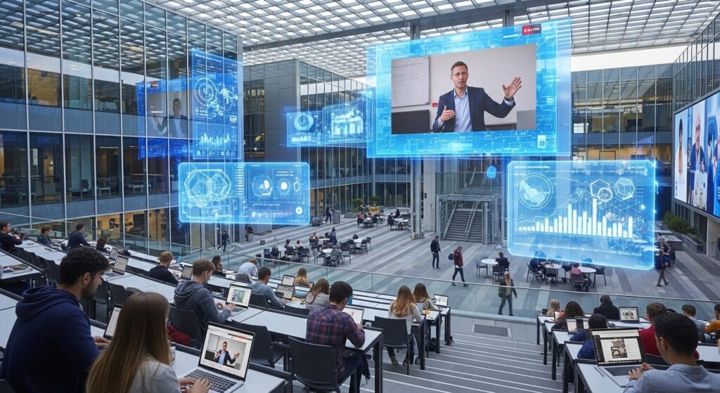 University campus blending physical and digital environments, students using laptops and tablets while attending classes, large screen showing online lecture, representing a modern digitally transformed university setting