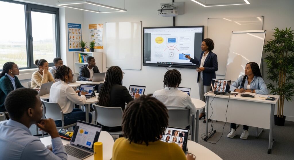 Students attending both online and in-person classes simultaneously, instructor using digital tools to teach, hybrid learning setup inside a classroom