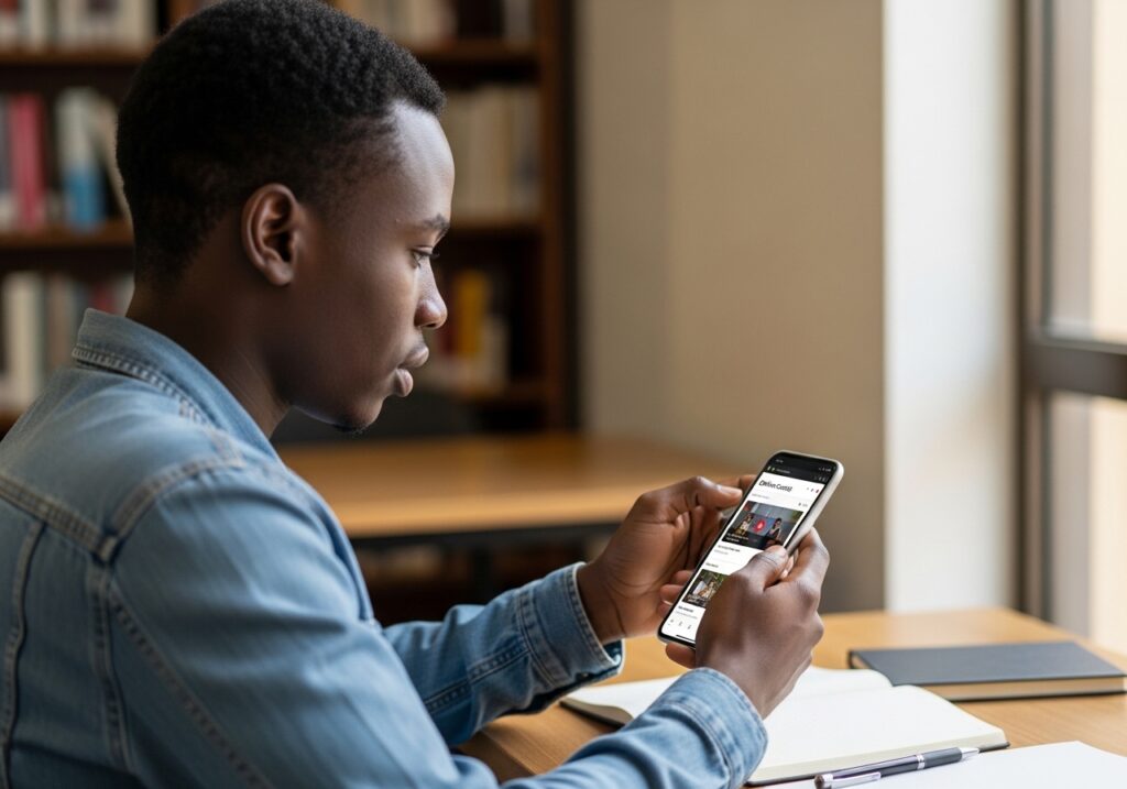 Student using mobile device for learning while accessing online course platform, showing shift in student expectations and digital learning adoption