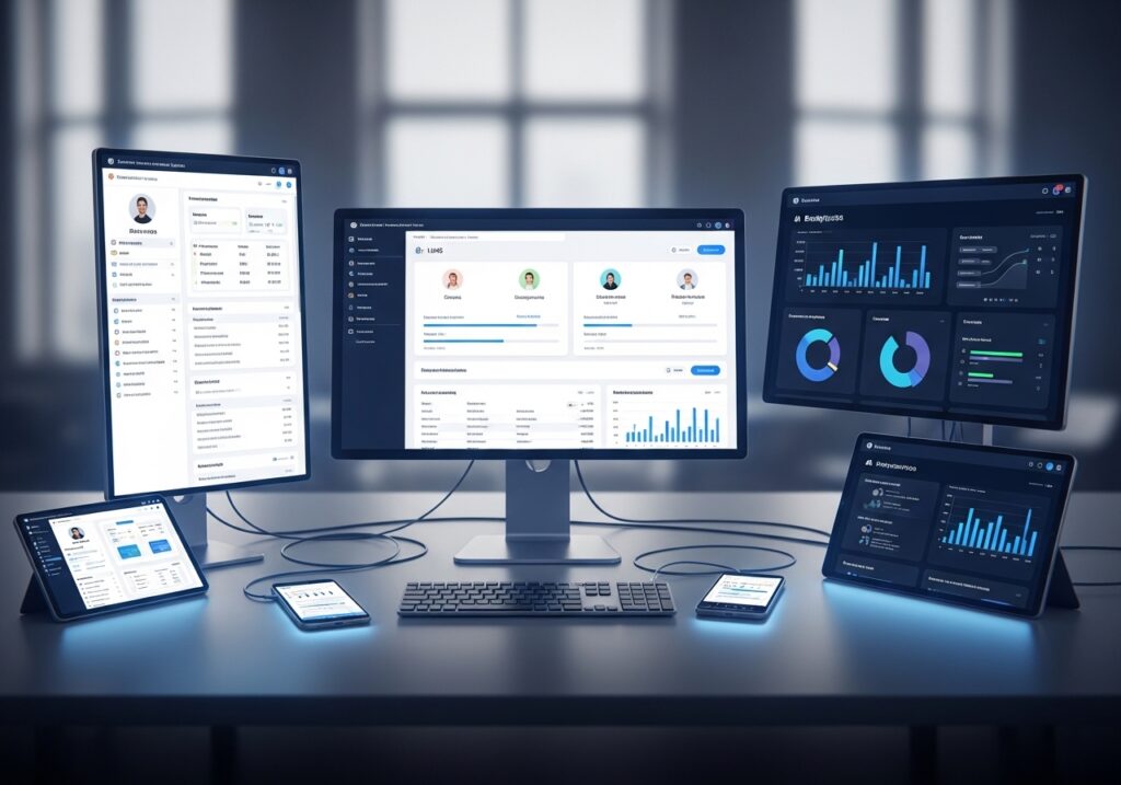 Multiple screens showing LMS dashboard, student information system, and analytics platform working together, representing integrated digital ecosystem