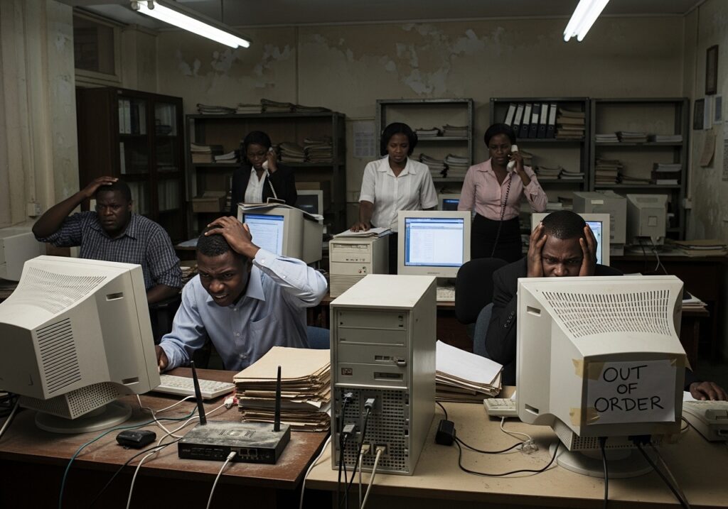 University staff dealing with outdated systems on desktop computers, frustrated expression while handling slow or disconnected technology