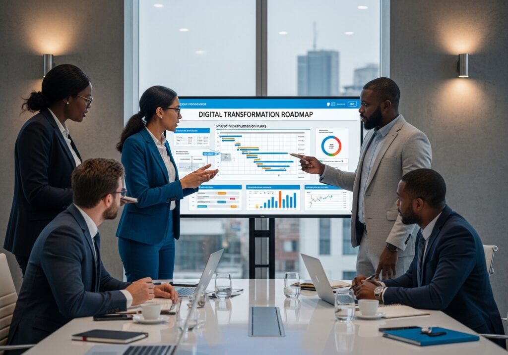 Leadership team reviewing digital roadmap on screen, discussing phased implementation plans, charts and timelines visible