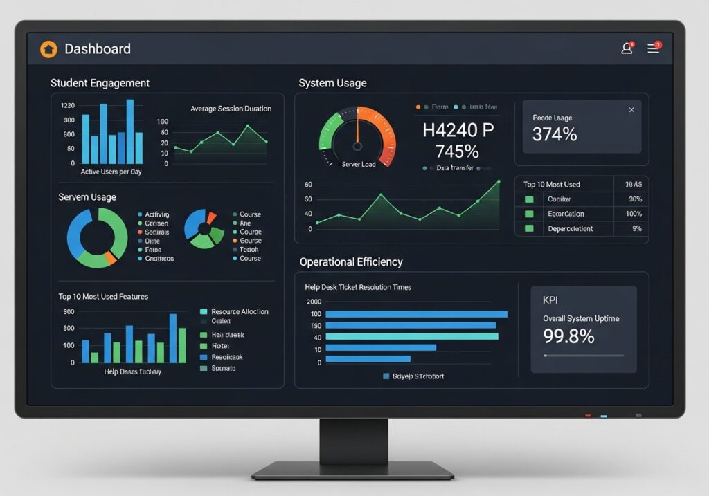 Dashboard showing performance metrics like student engagement, system usage, and operational efficiency, team analyzing data results