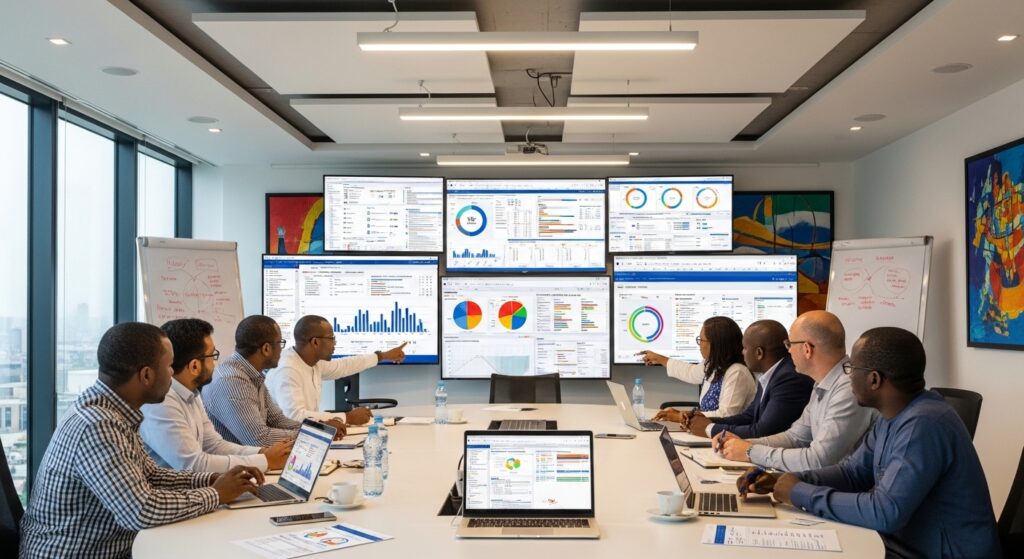 Learning Analytics in Higher Education - University administrators and academic staff sitting in a modern meeting room analyzing large digital dashboards on screens, charts showing student performance, engagement metrics, and predictive analytics graphs, laptops open with detailed reports, focused discussion on improving student success using data - Learning Analytics in Higher Education