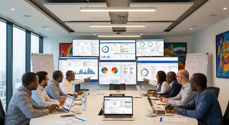 Learning Analytics in Higher Education - University administrators and academic staff sitting in a modern meeting room analyzing large digital dashboards on screens, charts showing student performance, engagement metrics, and predictive analytics graphs, laptops open with detailed reports, focused discussion on improving student success using data - Learning Analytics in Higher Education