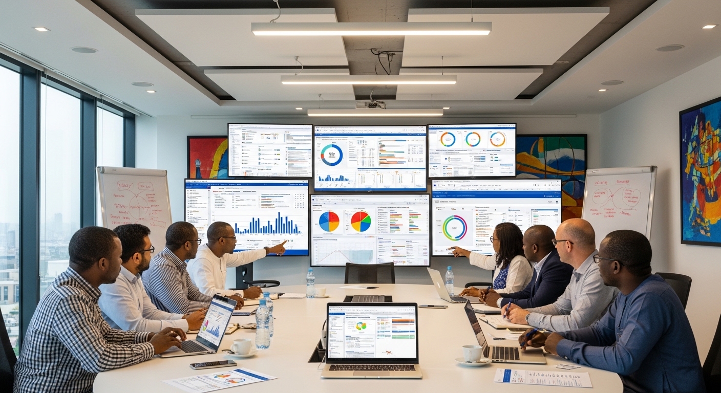 Learning Analytics in Higher Education - University administrators and academic staff sitting in a modern meeting room analyzing large digital dashboards on screens, charts showing student performance, engagement metrics, and predictive analytics graphs, laptops open with detailed reports, focused discussion on improving student success using data - Learning Analytics in Higher Education
