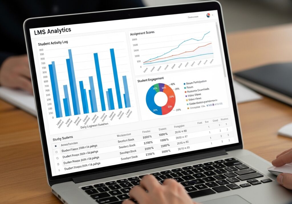 Close-up of a laptop displaying LMS analytics dashboard with student activity logs, assignment scores, and engagement metrics, administrator reviewing patterns carefully