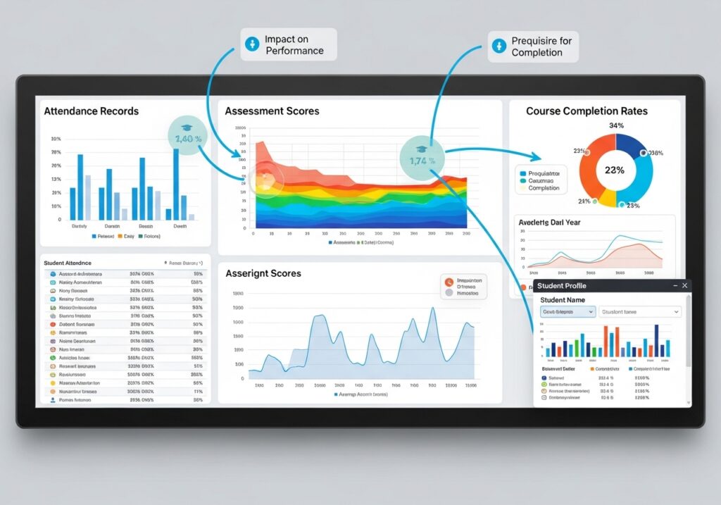 Multiple data sources visible on screen including attendance records, assessment scores, and course completion rates, integrated view showing how different datasets connect