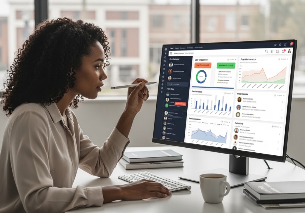 Learning Analytics in Higher Education - Academic advisor reviewing dashboard highlighting students with low engagement or poor performance, using data to identify who needs support