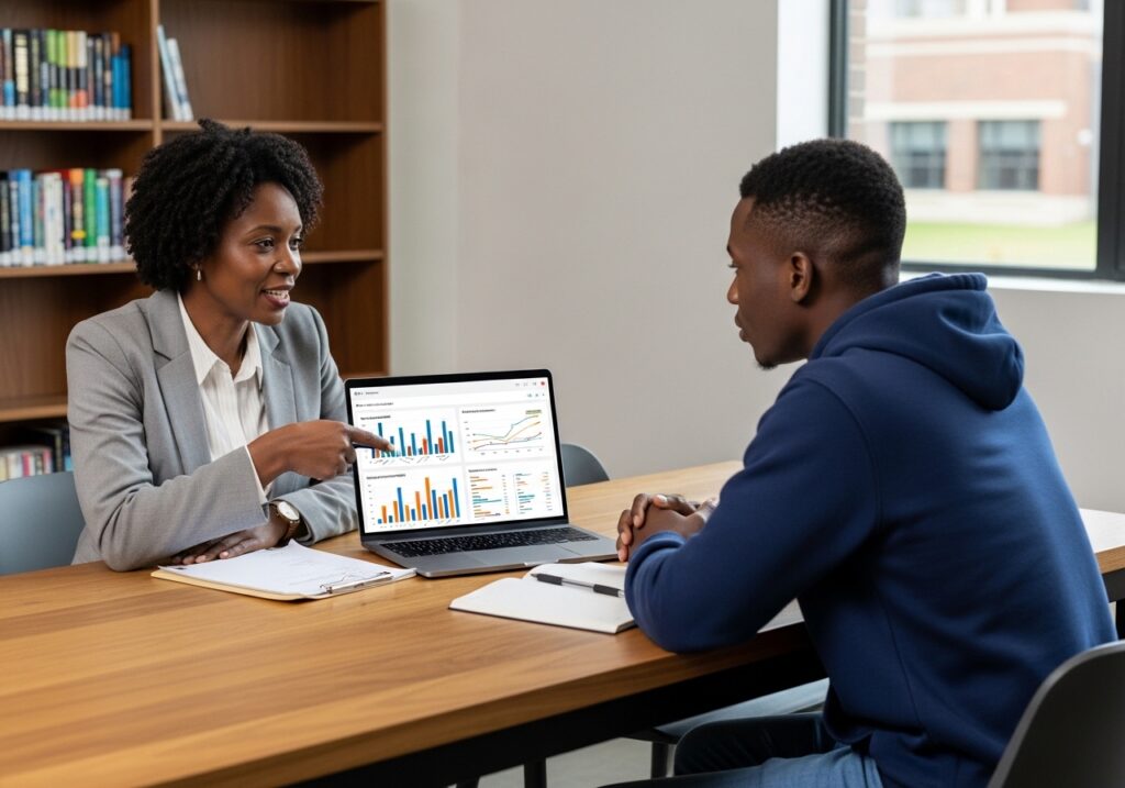 Advisor sitting with a student discussing progress based on data insights, laptop showing performance trends, personalized academic guidance session