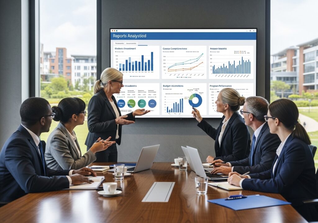 University leadership reviewing reports and graphs on a large screen, discussing curriculum improvements and program performance based on analytics
