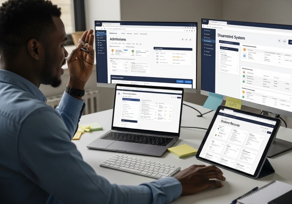 Staff working with multiple disconnected systems, switching between spreadsheets and dashboards, showing complexity and lack of integration