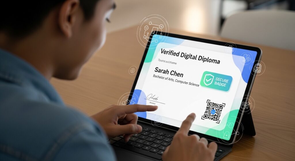 Student receiving a digital certificate on a laptop or tablet, screen showing verified digital diploma with secure badge or QR code, modern and clean interface, symbolizing shift from paper to digital credentials